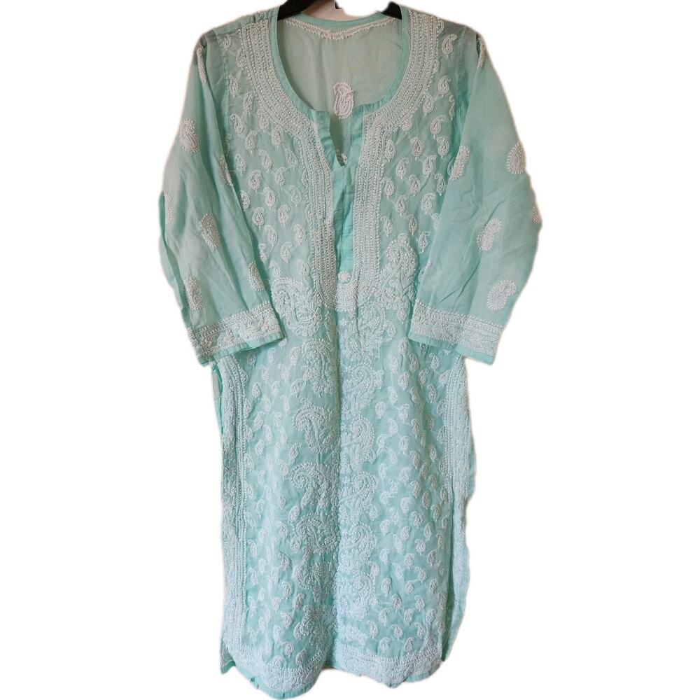 Embroidered Semi Sheer Turquoise Kurta Midi Dress Long Tunic Shirt Paisley S / M